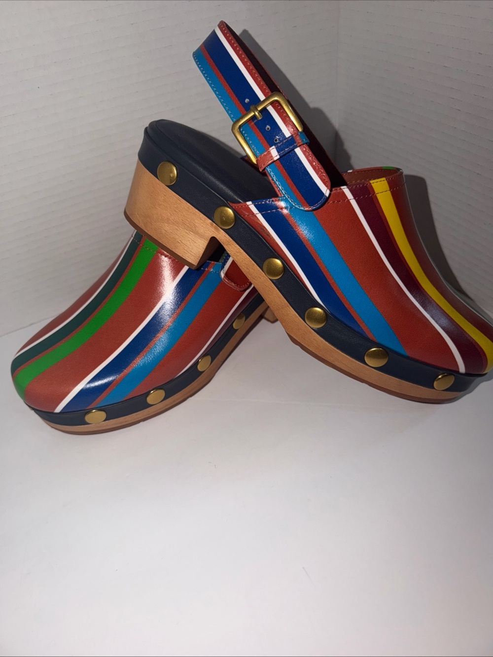 Charlotte Stone Jona Kite Stripe MultiColor Wood Platform Slingback Clog Size 12 - Picture 8 of 10